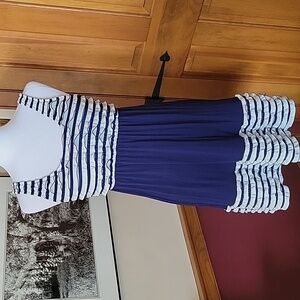 ANTHROPOLOGIE ELOISE Striped Navy and White Sleeveless Ruffle Dress